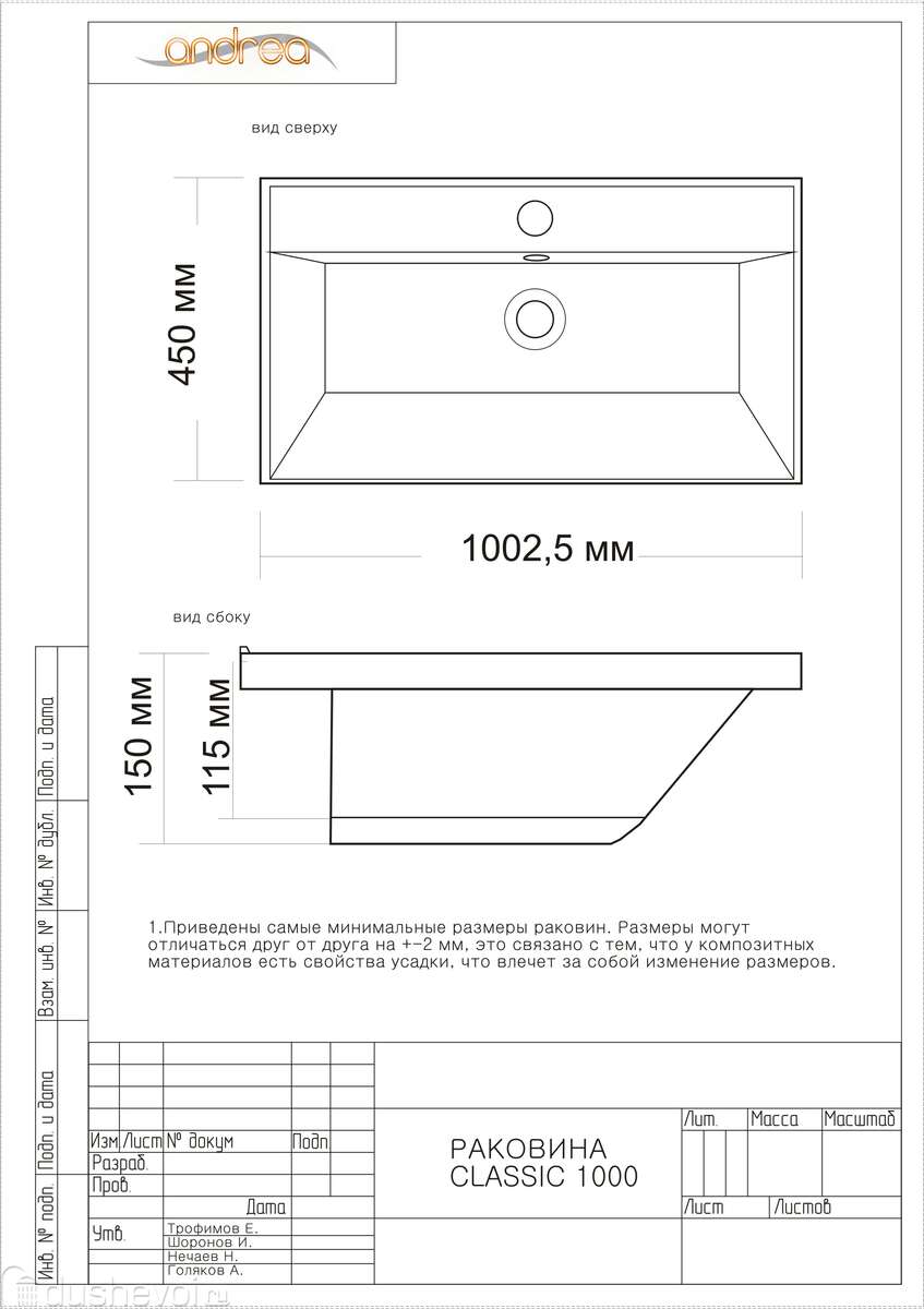 Раковина Andrea Classic 1000 купить в Москве - по низкой цене в  интернет-магазине сантехники Dushevoi.ru