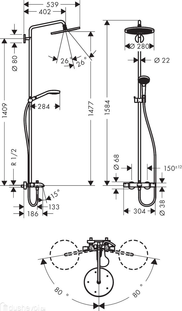 Душевая стойка Hansgrohe Croma Select 280 Air 1jet Showerpipe 26792000 с  термостатом и изливом, хром купить в Москве - цена 166531 руб в  интернет-магазине сантехники Dushevoi.ru