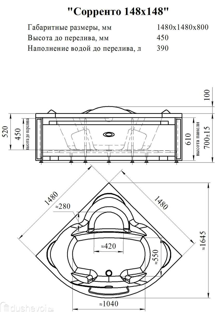 Акриловая ванна Радомир Сорренто 148x148 1-01-0-0-1-037 белая купить в  Москве - цена 57655 руб в интернет-магазине сантехники Dushevoi.ru