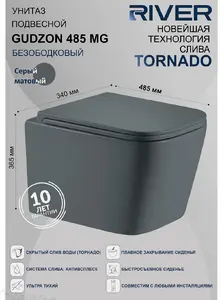 Унитаз подвесной River GUDZON 485 MG безободковый, с сиденьем микролифт, серый матовый