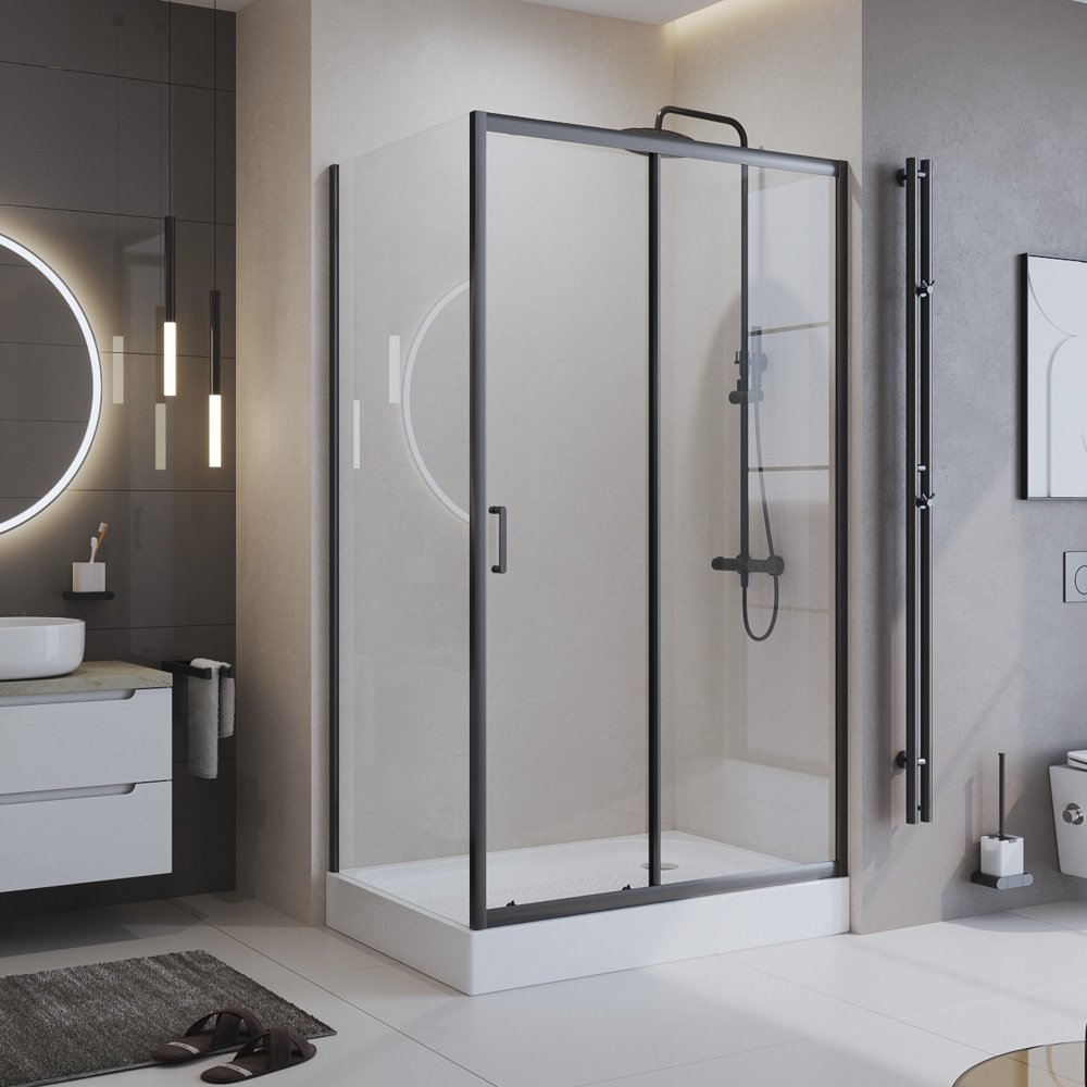 Душевой уголок BelBagno Uno-195 120x80 UNO-195-AH-1-120/80-C-NERO стекло прозрачное, профиль черный, без поддона