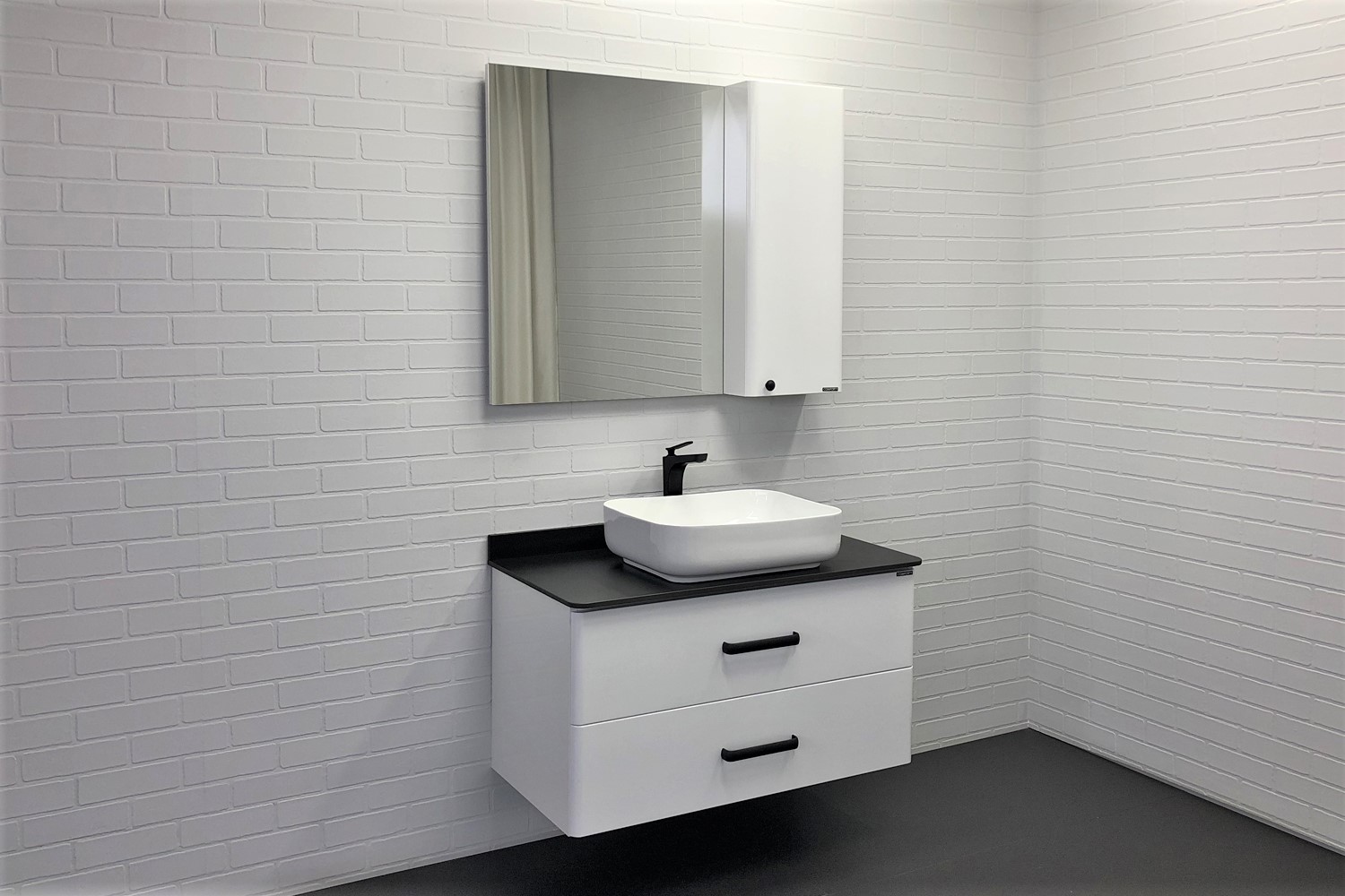 Комплект мебели Comforty Амстердам 00-00005494 95 см, подвесная, белая с черной матовой столешницей