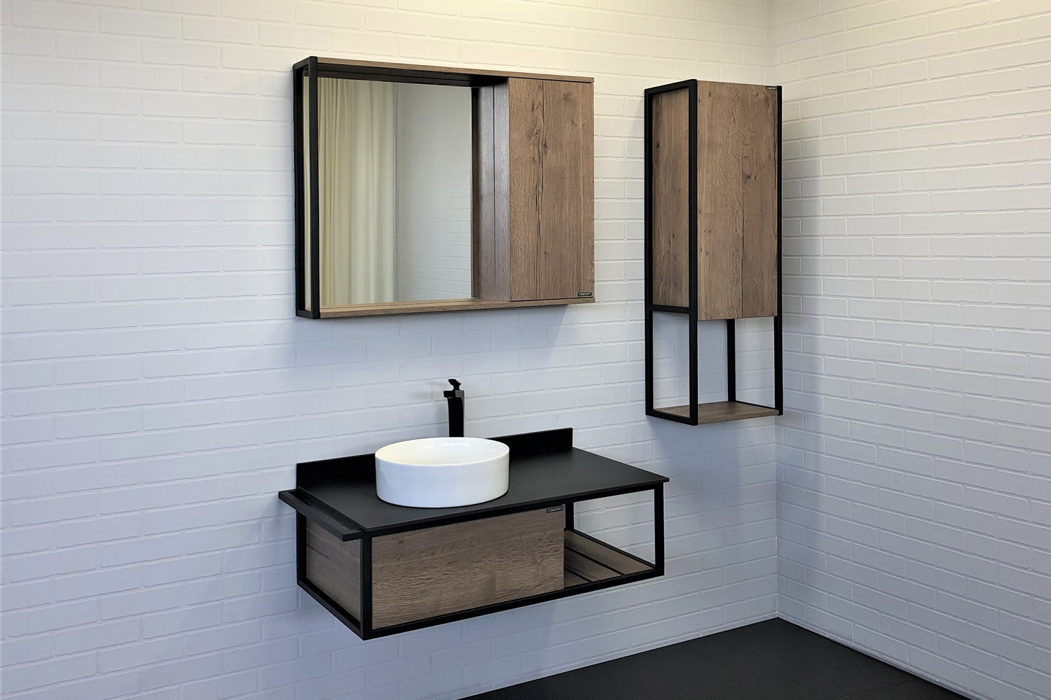 Мебель для ванных комнат Comforty Лиссабон 00-00006269 94 см, подвесная, темно-коричневая с левой черной столешницей