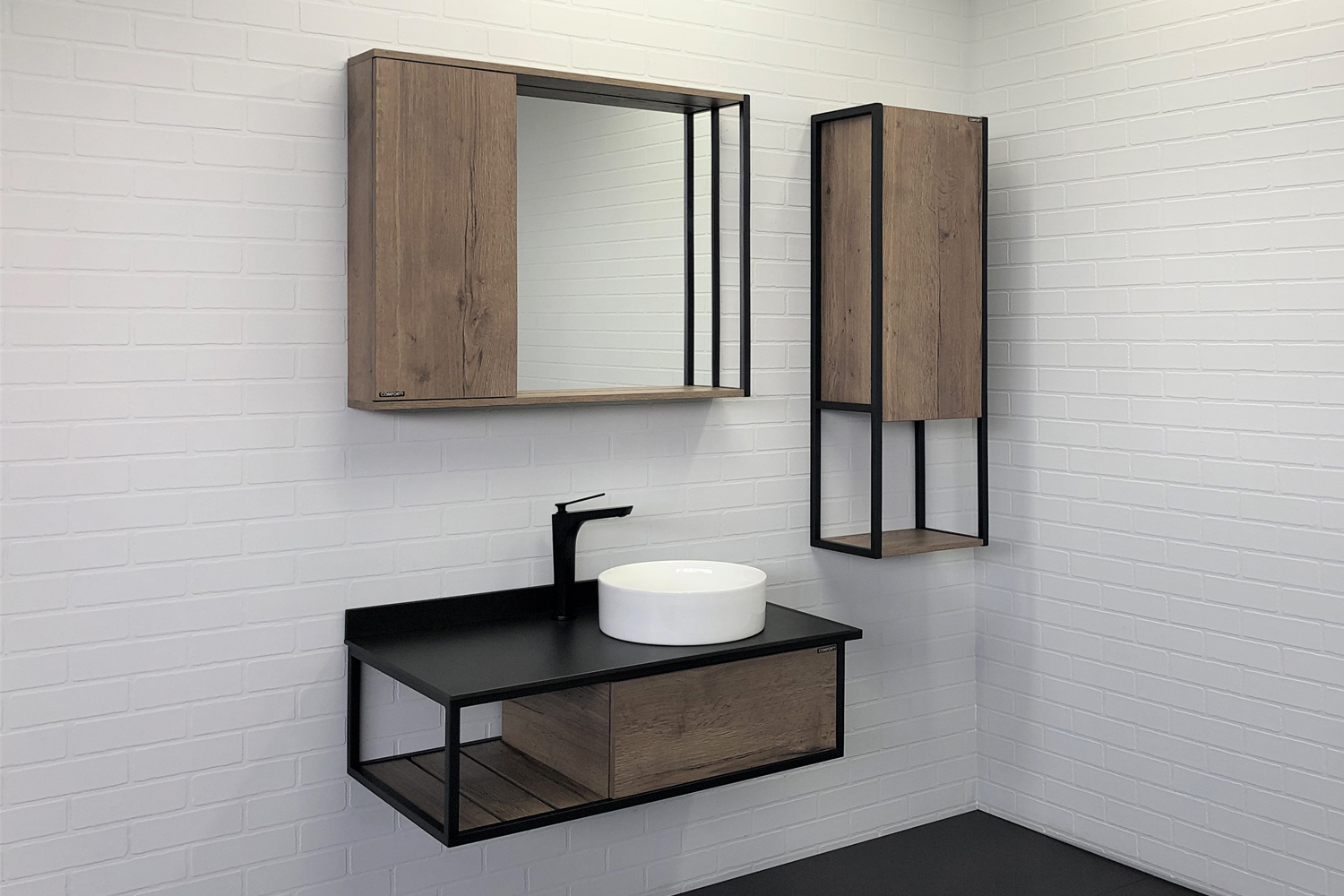 Мебель для ванных комнат Comforty Лиссабон 00-00006558 94 см, подвесная, темно-коричневая с правой черной столешницей