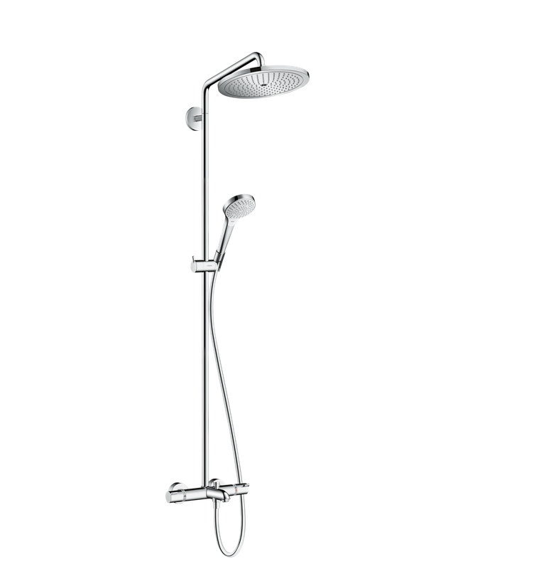 душевая стойка hansgrohe crometta e 240 1jet showerpipe 27298000 с термостатом и изливом хром Душевая стойка Hansgrohe Croma Select 280 Air 1jet Showerpipe 26792000 с термостатом и изливом, хром