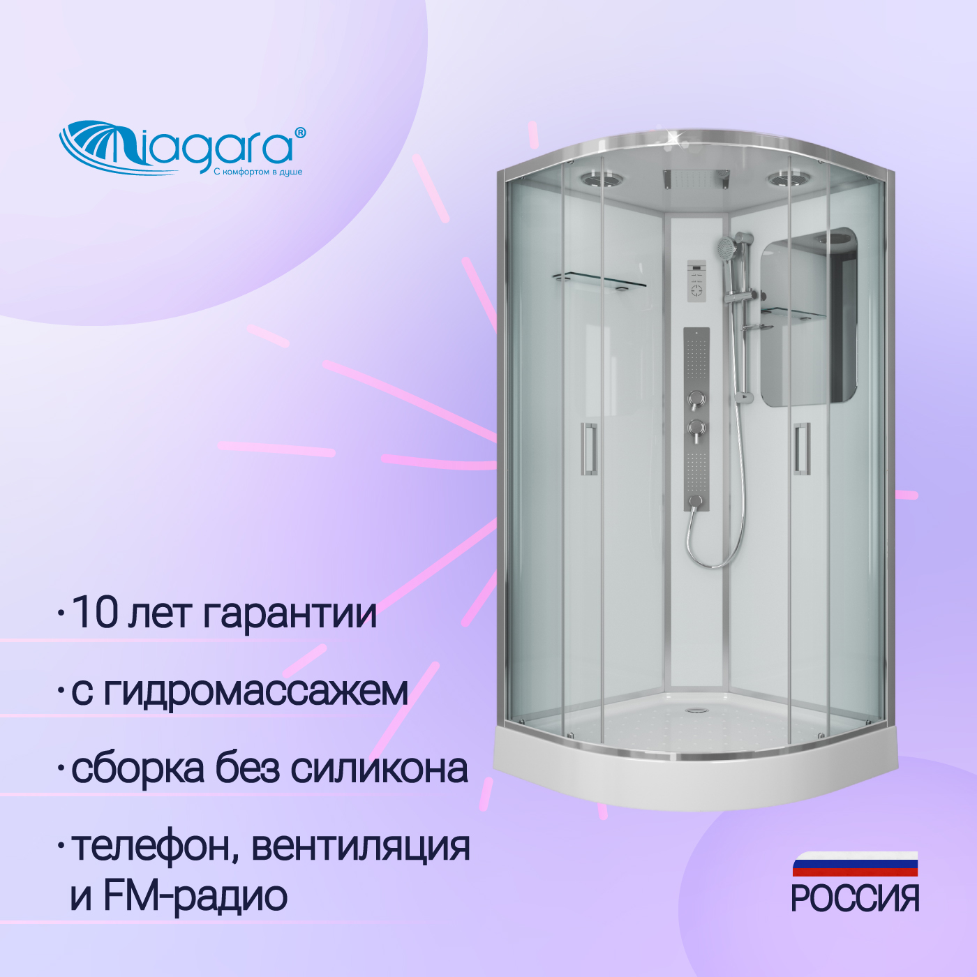 Душевая кабина Niagara Premium NG-6002-01G 100x100 поддон низкий, стекло прозрачное, профиль хром