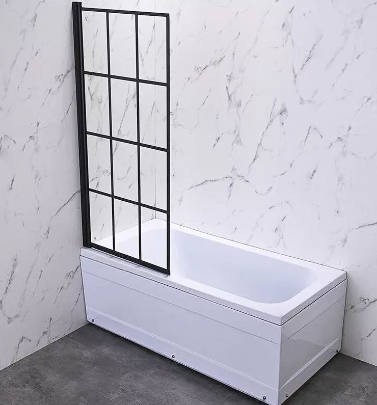 Шторка для ванны Veconi PL77L PL77L-90-01-C6 90x150 стекло прозрачное, профиль черный, правая